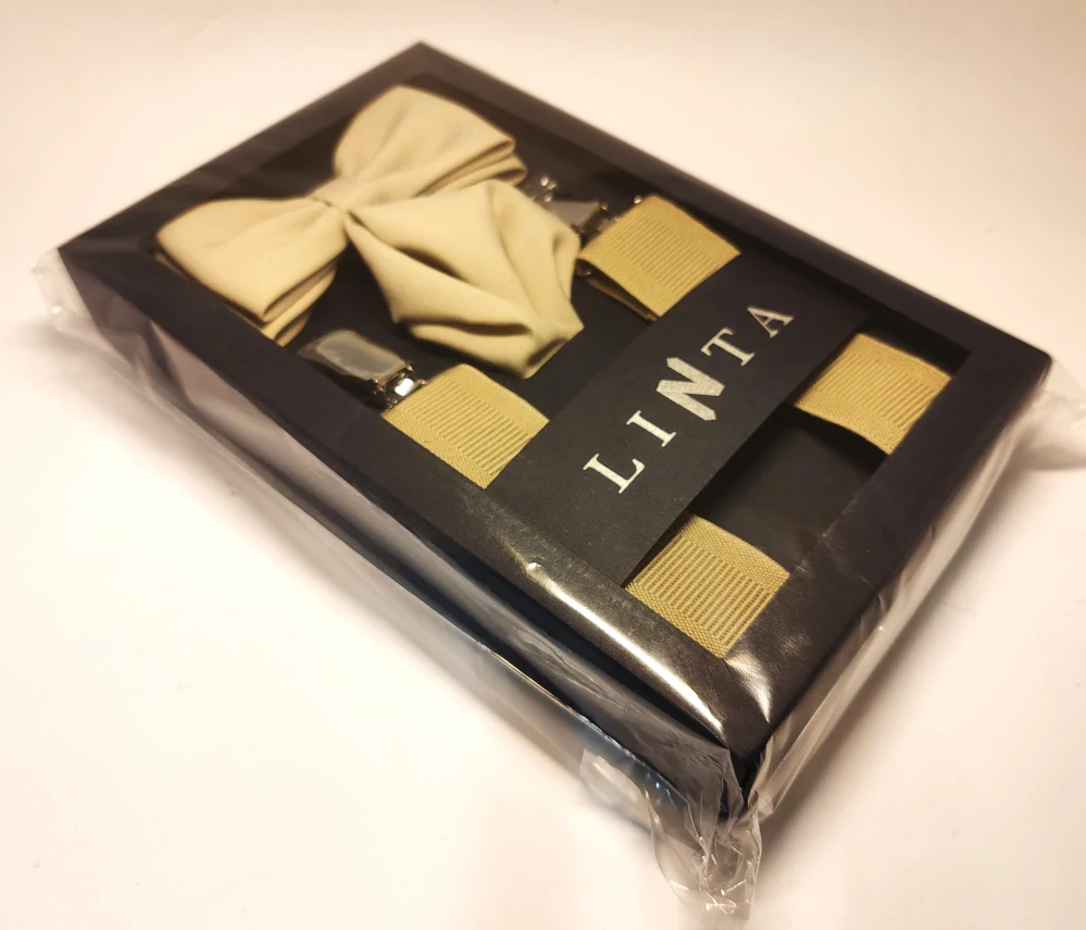 Pánská sada - šle s motýlkem a kapesníčkem - béžová